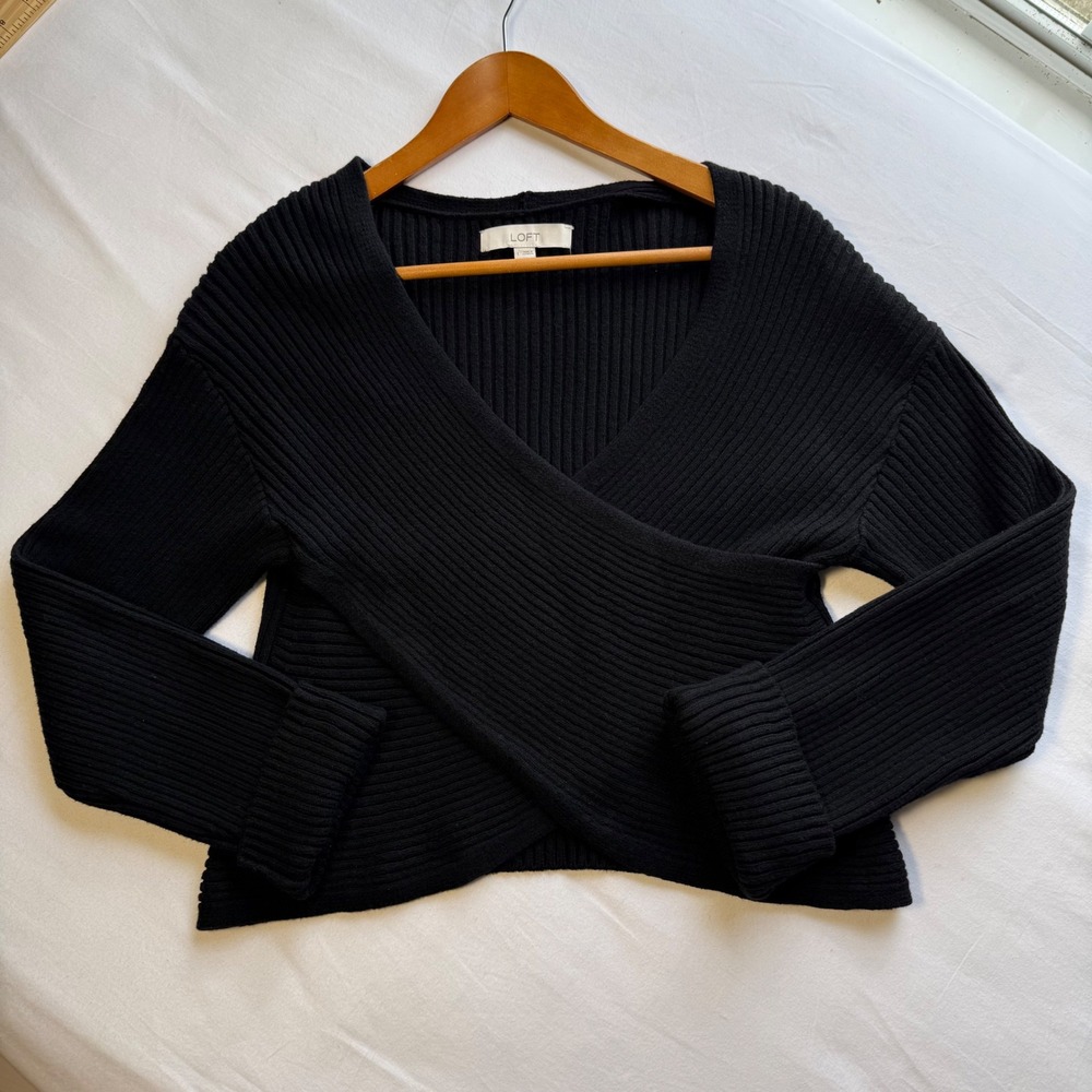 Loft Black Ribbed Wrap Front V-Neck Sweater Cotton Blend Cuffed Sleeve Small